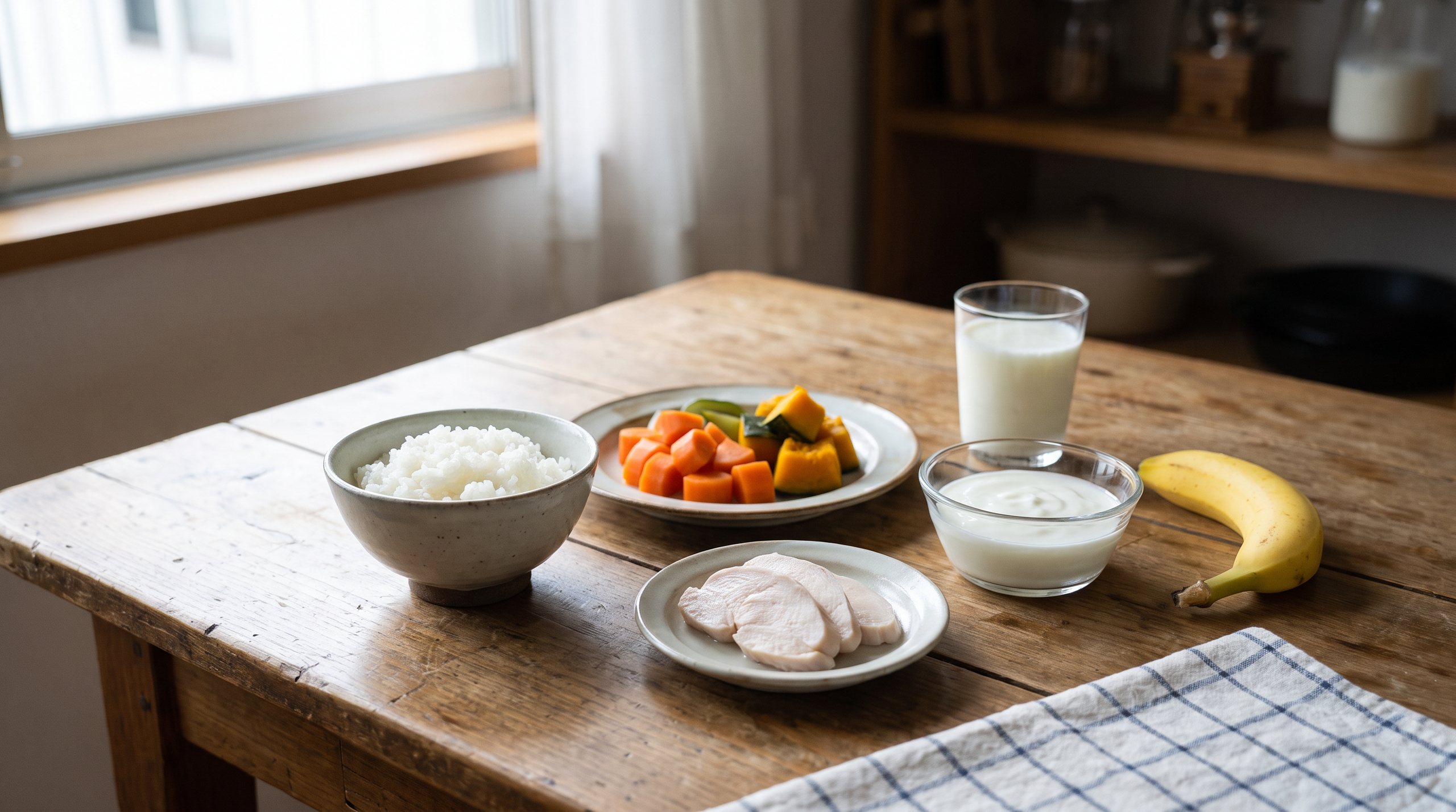 Gotowany ryż, gotowana marchew z dynią, gotowana pierś z kurczaka, jogurt naturalny, kefir i banan na drewnianym stole